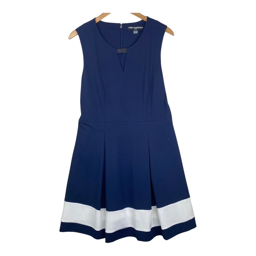 Karl Lagerfeld Blue & White A-Line Color Block Knee Length Flow Dress Size 14